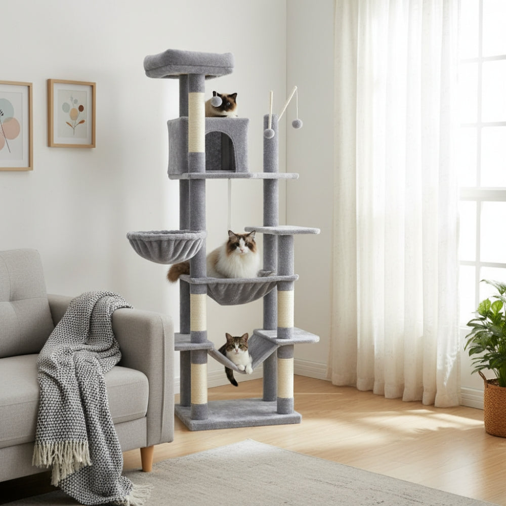 Arbre à Chat 175cm Hamac Bois | Gris | Perchoir Du Chat