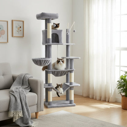 Arbre à Chat 175cm Hamac Bois | Gris | Perchoir Du Chat
