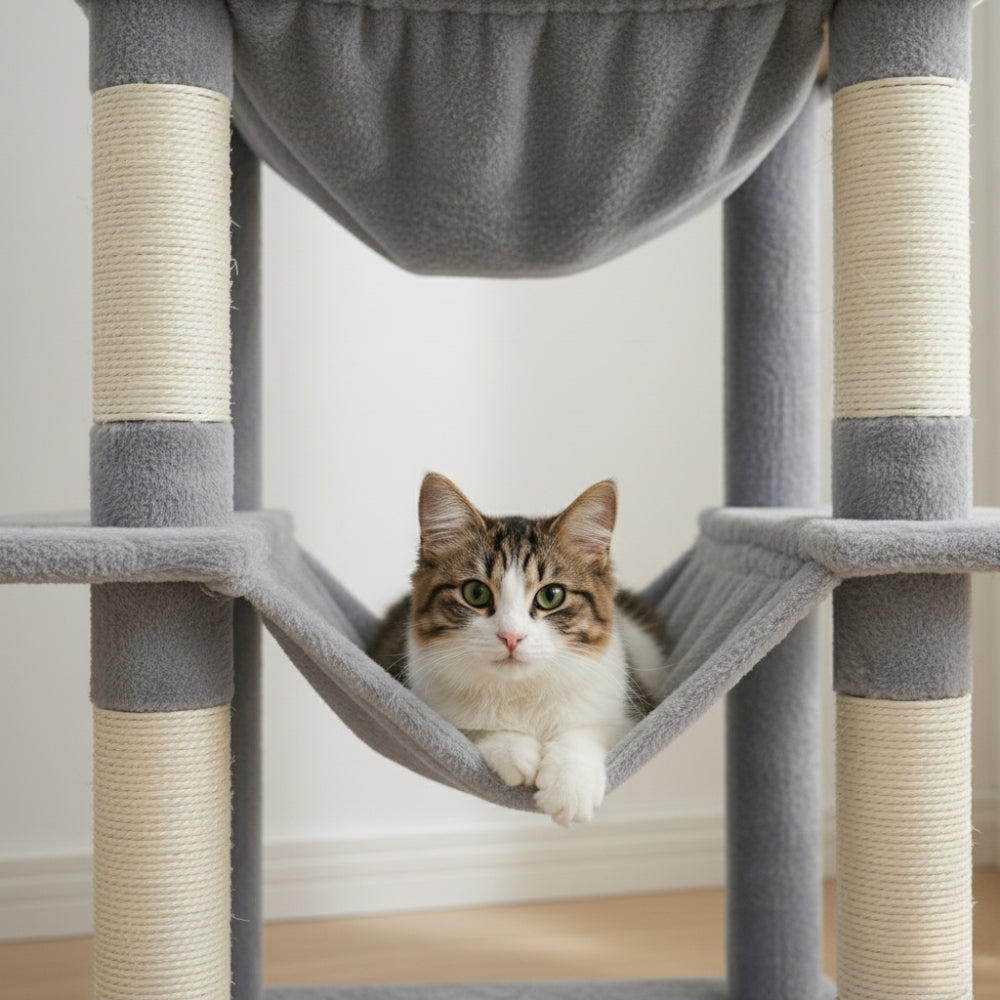 Arbre à Chat 175cm Hamac Bois | Gris | Perchoir Du Chat