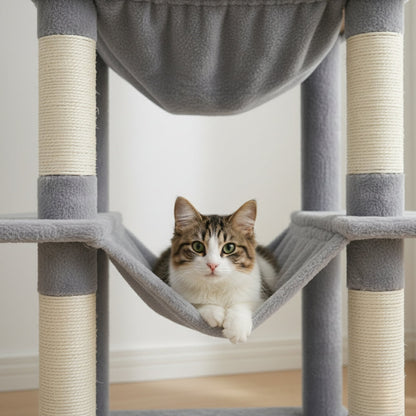 Arbre à Chat 175cm Hamac Bois | Gris | Perchoir Du Chat