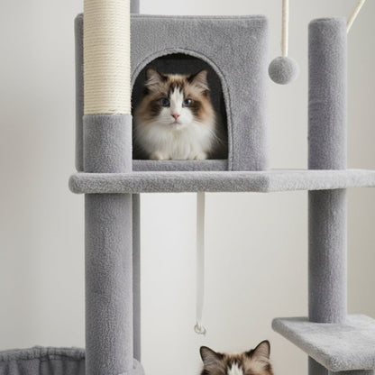 Arbre à Chat 175cm Hamac Bois | Gris | Perchoir Du Chat