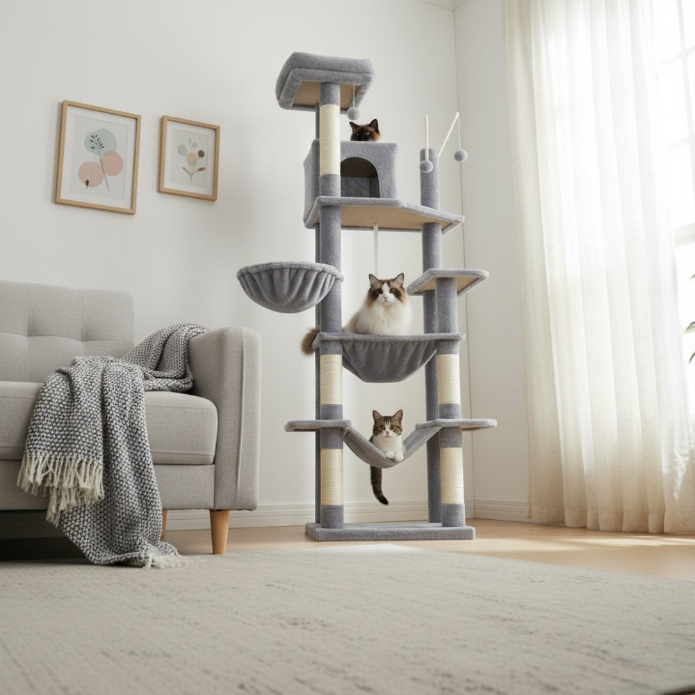 Arbre à Chat 175cm Hamac Bois | Gris | Perchoir Du Chat