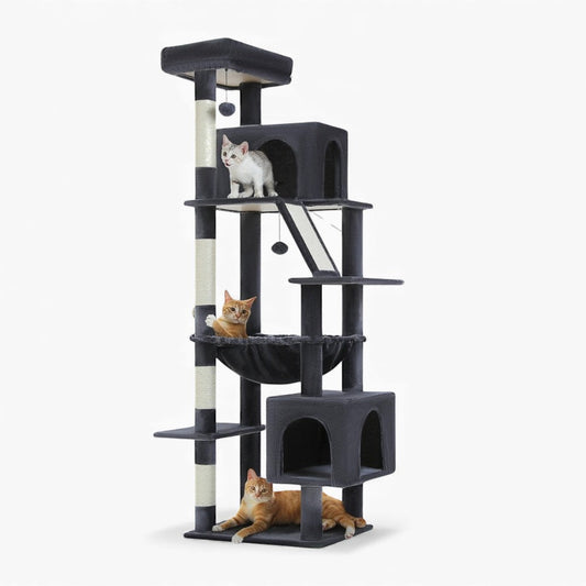 Arbre à Chat 180cm Hamac Bois Foncé | Gris | Perchoir Du Chat