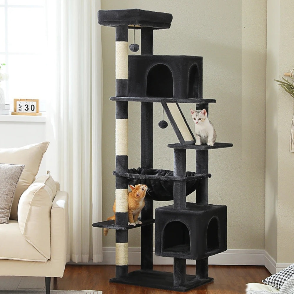 Arbre à Chat 180cm Hamac Bois Foncé | Gris | Perchoir Du Chat