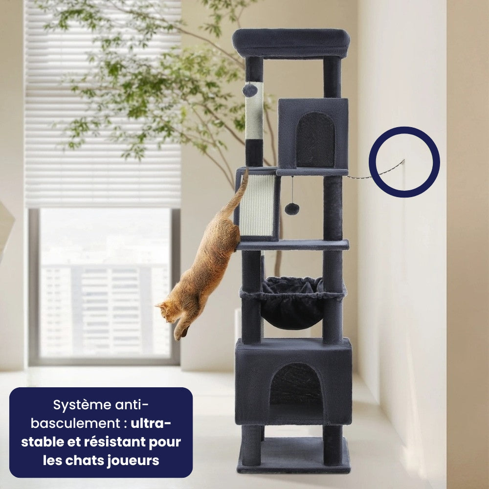 Arbre à Chat 180cm Hamac Bois Foncé | Gris | Perchoir Du Chat