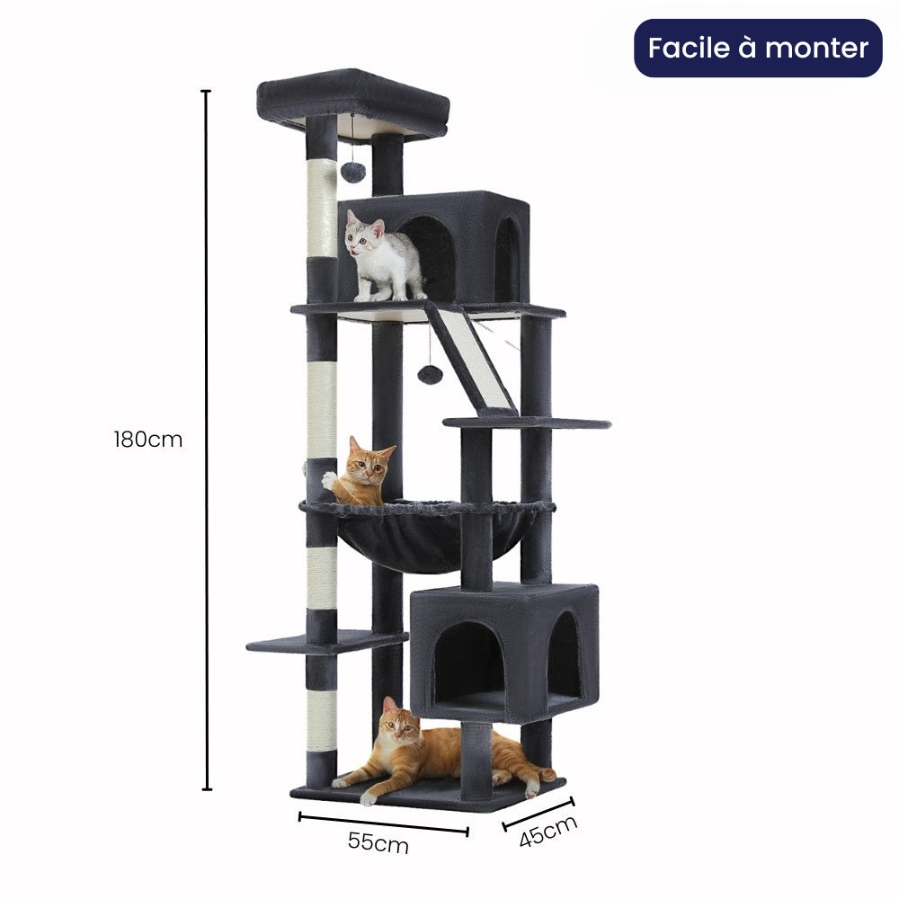 Arbre à Chat 180cm Hamac Bois Foncé | Gris | Perchoir Du Chat