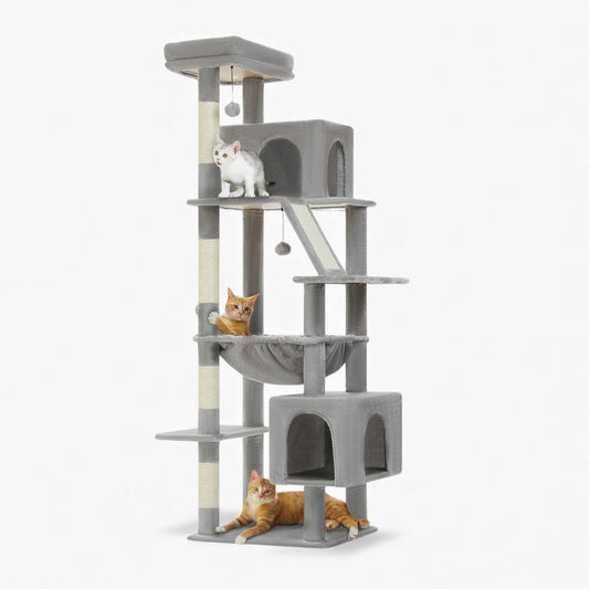 Arbre à Chat 180cm Hamac Bois | Gris | Perchoir Du Chat