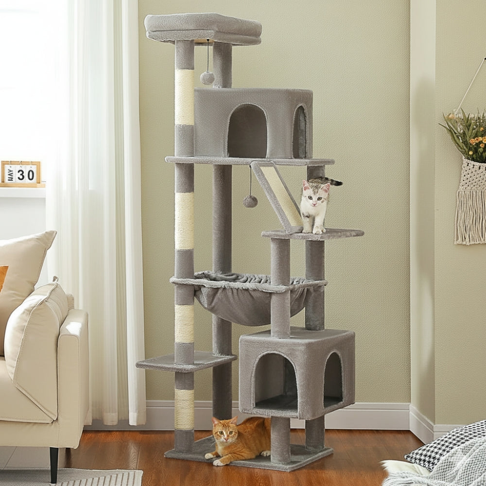 Arbre à Chat 180cm Hamac Bois | Gris | Perchoir Du Chat
