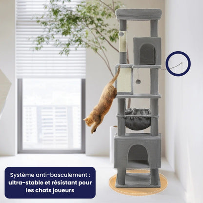 Arbre à Chat 180cm Hamac Bois | Gris | Perchoir Du Chat