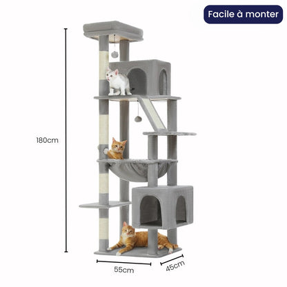 Arbre à Chat 180cm Hamac Bois | Gris | Perchoir Du Chat