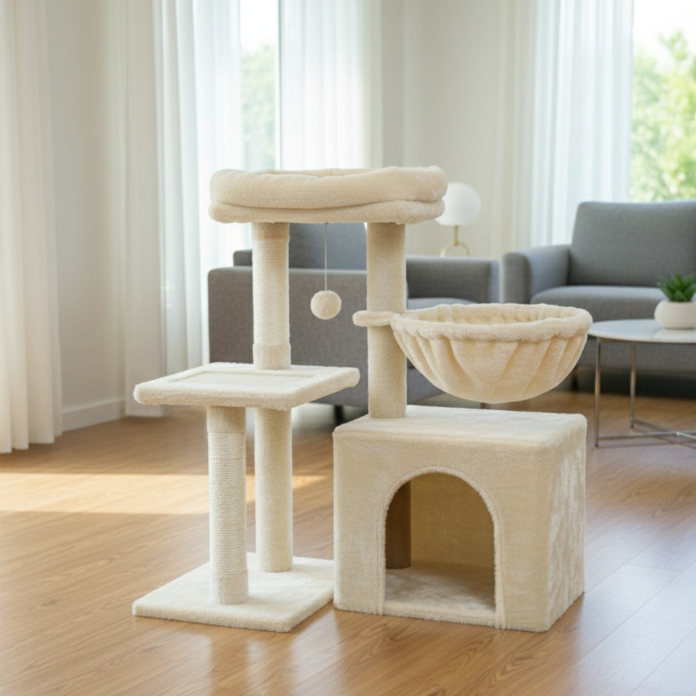 Arbre à Chat 73cm Hamac Bois | Beige | Perchoir Du Chat