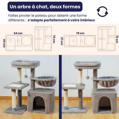 Arbre à Chat 73cm Hamac Bois | Gris | Perchoir Du Chat