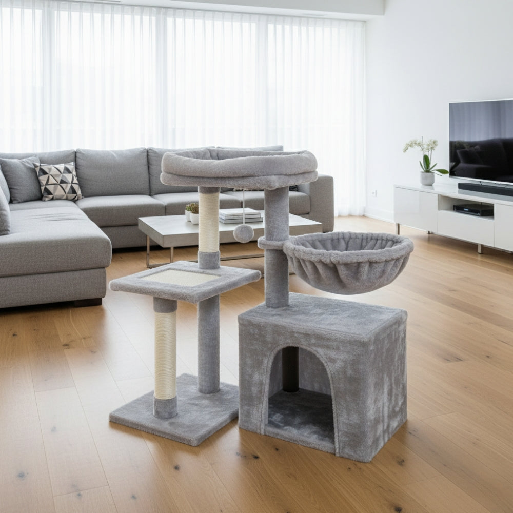 Arbre à Chat 73cm Hamac Bois | Gris | Perchoir Du Chat