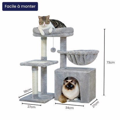 Arbre à Chat 73cm Hamac Bois | Gris | Perchoir Du Chat