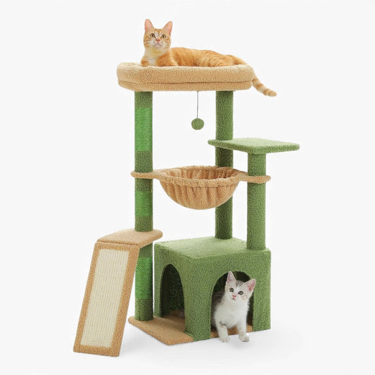 Arbre à Chat 92cm Hamac Bois | Vert Beige | Perchoir Du Chat