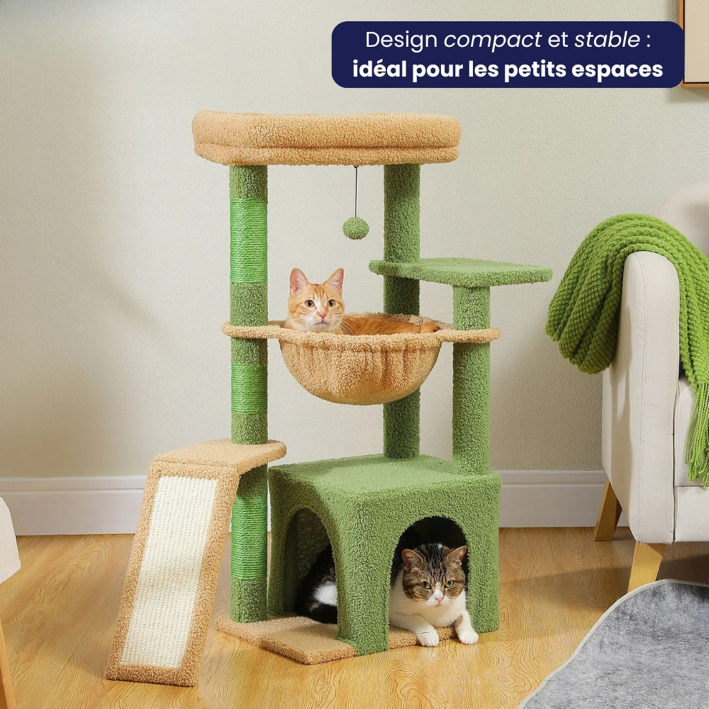 Arbre à Chat 92cm Hamac Bois | Vert Beige | Perchoir Du Chat