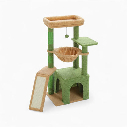 Arbre à Chat 92cm Hamac Bois | Vert Beige | Perchoir Du Chat