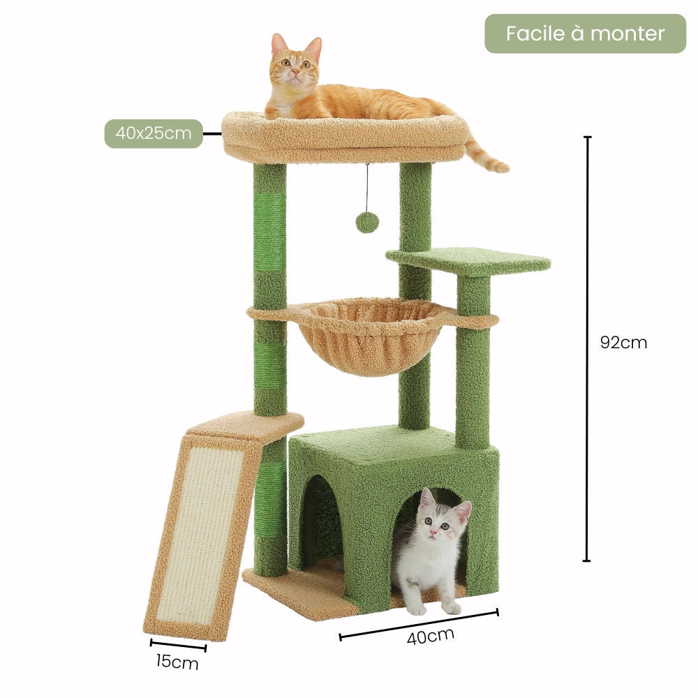 Arbre à Chat 92cm Hamac Bois | Vert Beige | Perchoir Du Chat