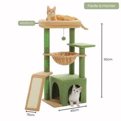 Arbre à Chat 92cm Hamac Bois | Vert Beige | Perchoir Du Chat