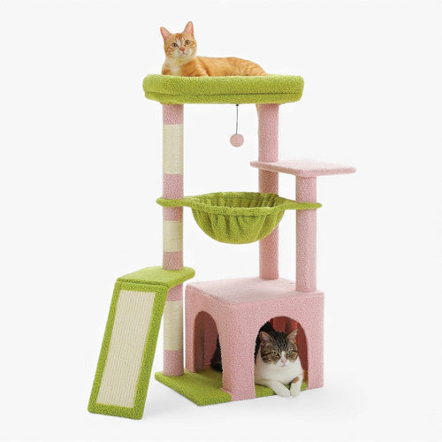 Arbre à Chat 92cm Hamac Bois | Vert Rose | Perchoir Du Chat