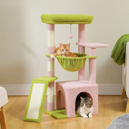 Arbre à Chat 92cm Hamac Bois | Vert Rose | Perchoir Du Chat
