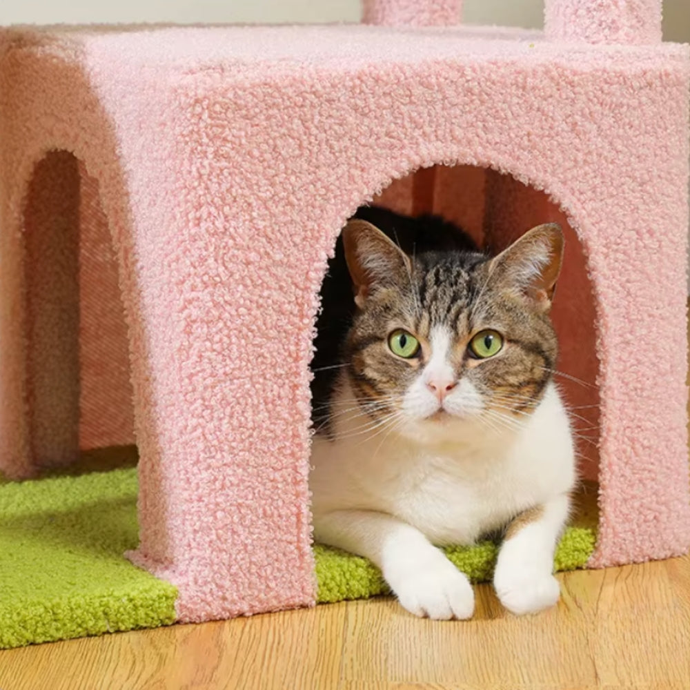 Arbre à Chat 92cm Hamac Bois | Vert Rose | Perchoir Du Chat