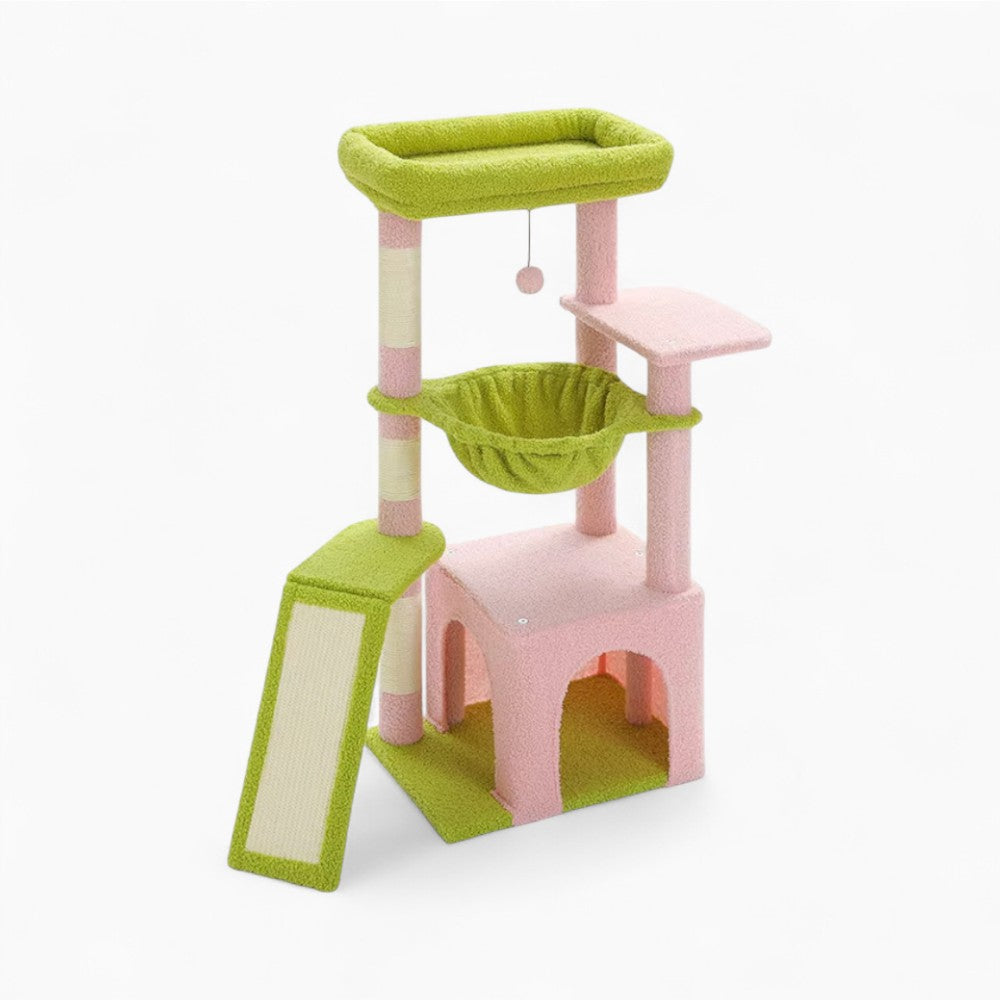 Arbre à Chat 92cm Hamac Bois | Vert Rose | Perchoir Du Chat