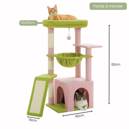 Arbre à Chat 92cm Hamac Bois | Vert Rose | Perchoir Du Chat