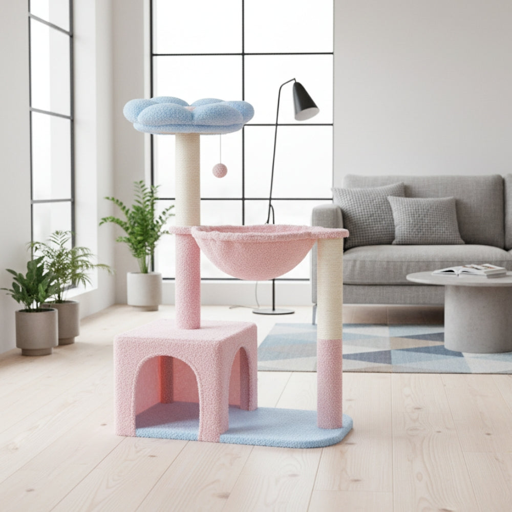 Arbre à Chat 93cm Hamac | Design Bleu Rose | Perchoir Du Chat
