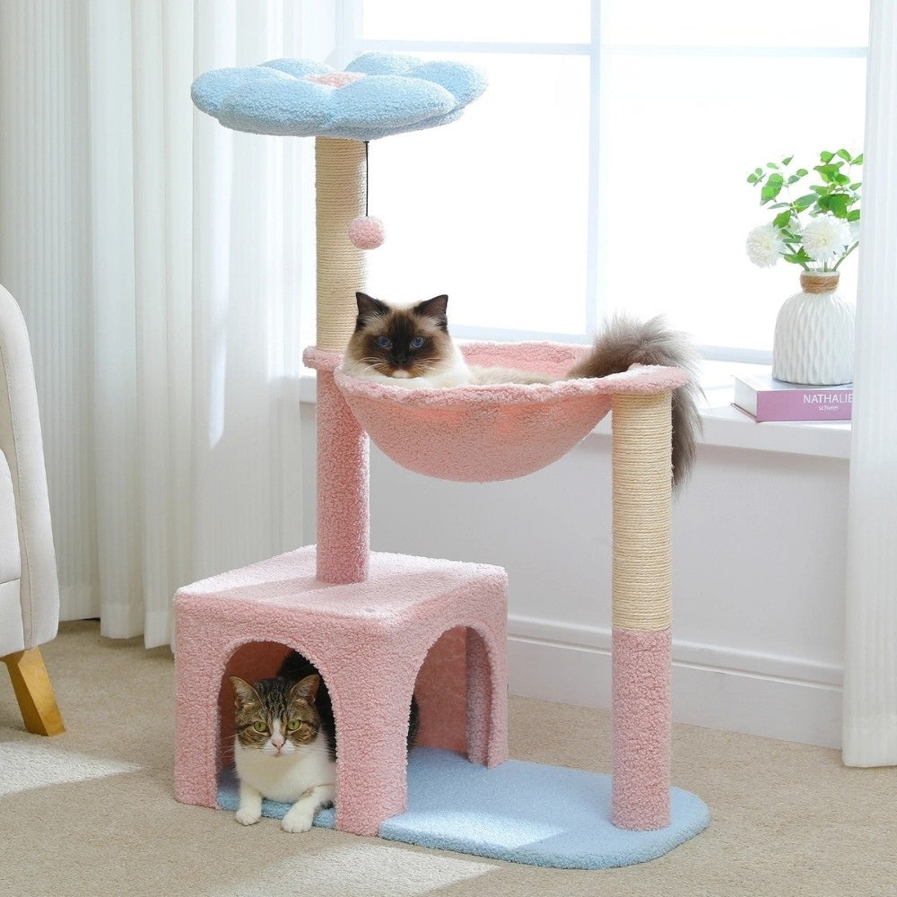Arbre à Chat 93cm Hamac | Design Bleu Rose | Perchoir Du Chat