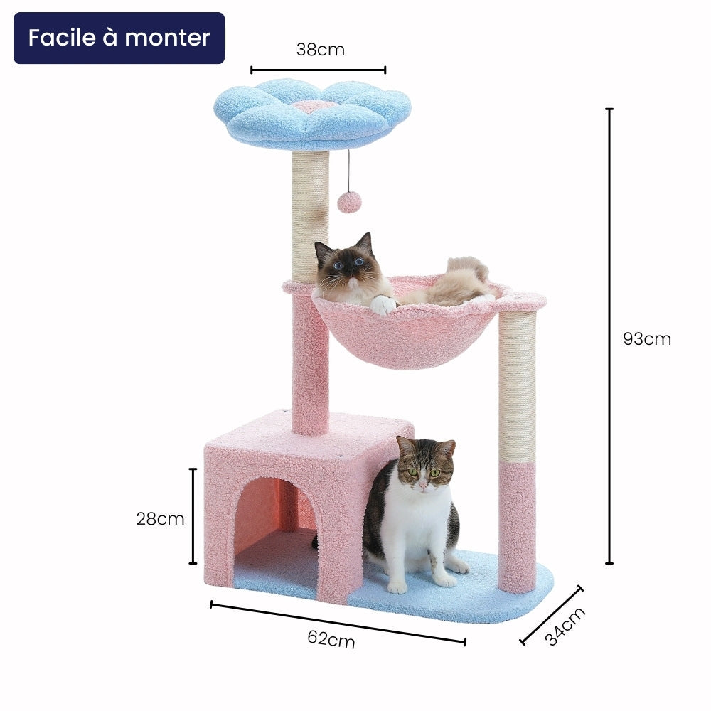 Arbre à Chat 93cm Hamac | Design Bleu Rose | Perchoir Du Chat