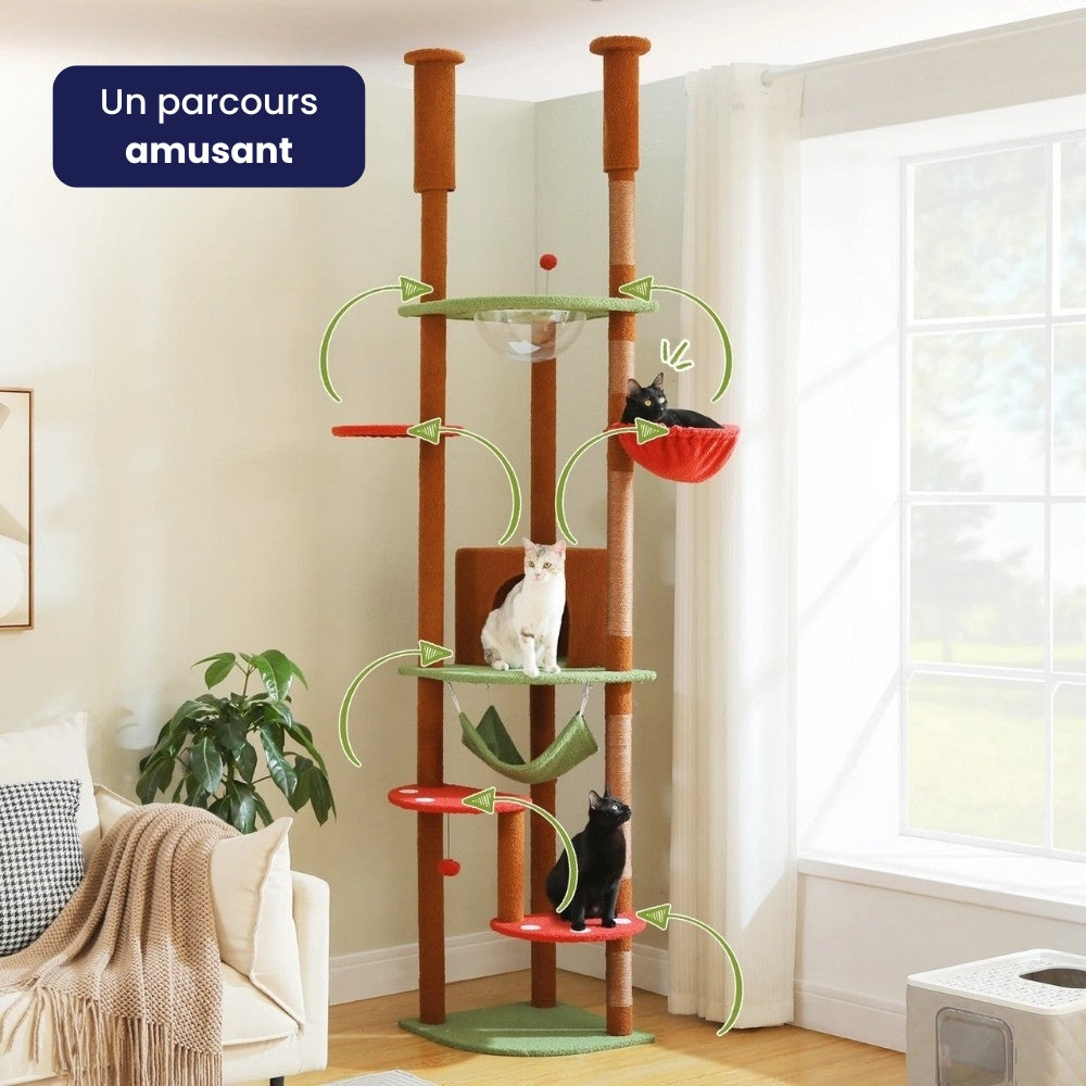 Arbre à Chat au Plafond Réglable Hamac Bois | Marron | Perchoir Du Chat