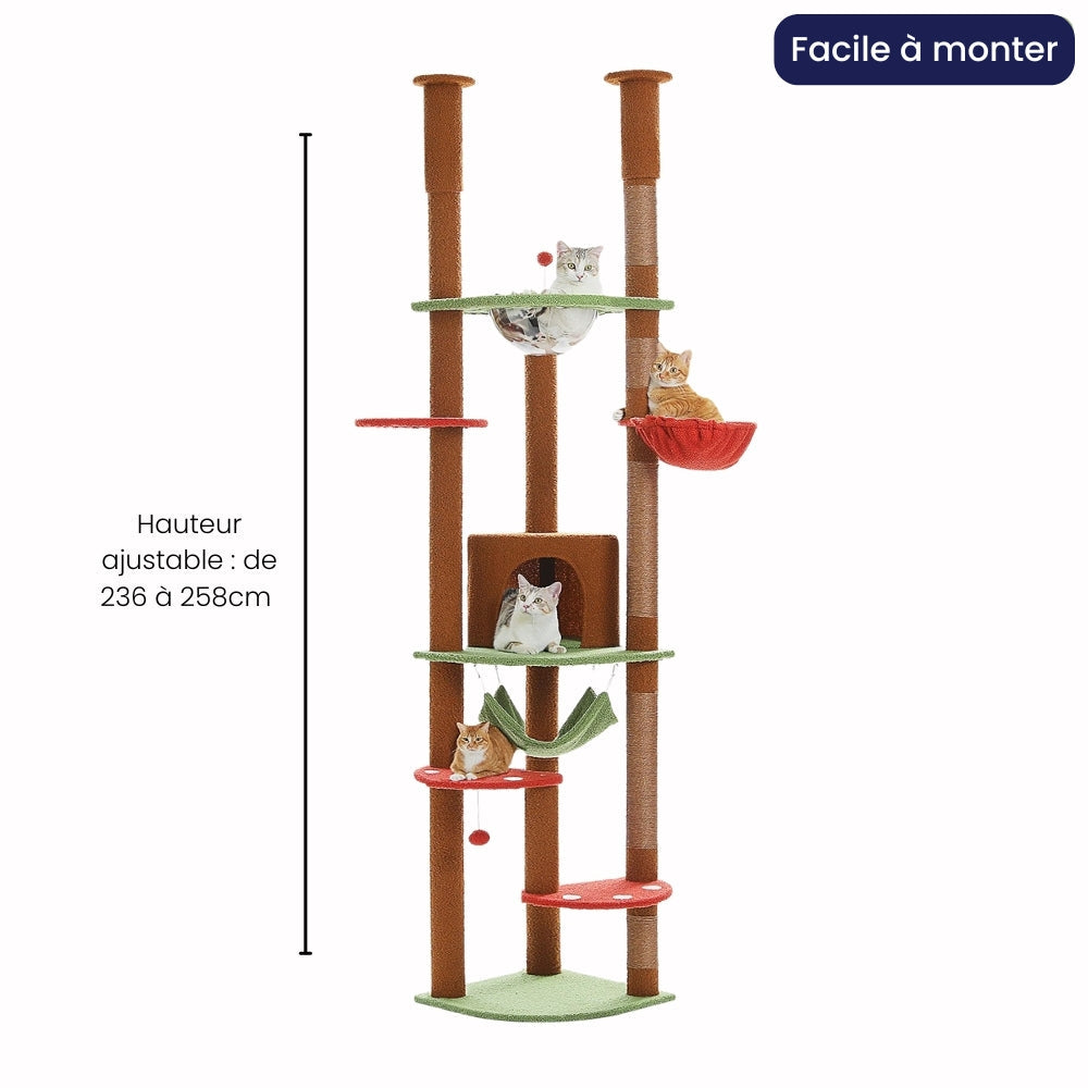 Arbre à Chat au Plafond Réglable Hamac Bois | Marron | Perchoir Du Chat