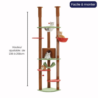 Arbre à Chat au Plafond Réglable Hamac Bois | Marron | Perchoir Du Chat