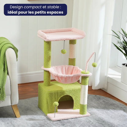 Arbre à Chat Bois 80cm Hamac | Vert Rose | Perchoir Du Chat