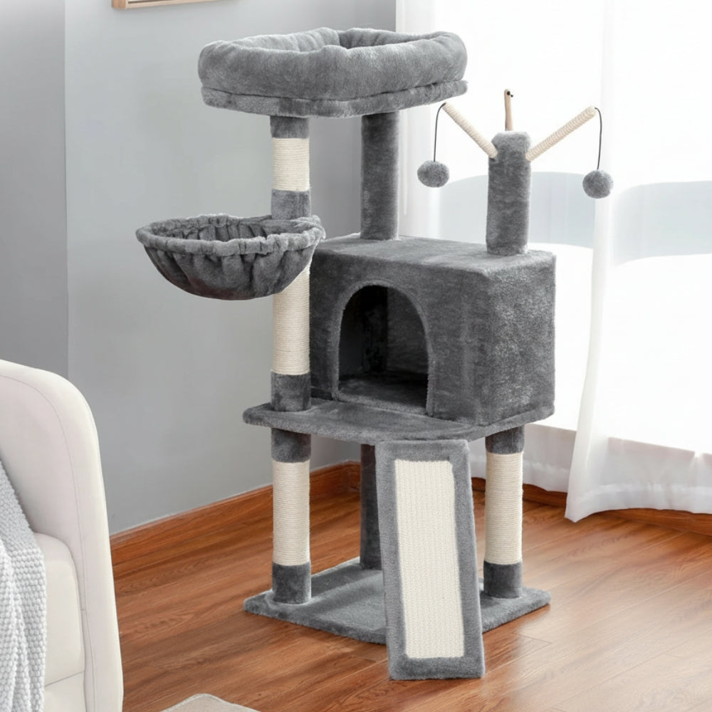 Arbre à Chat Hamac 104cm Bois Foncé | Gris | Perchoir Du Chat