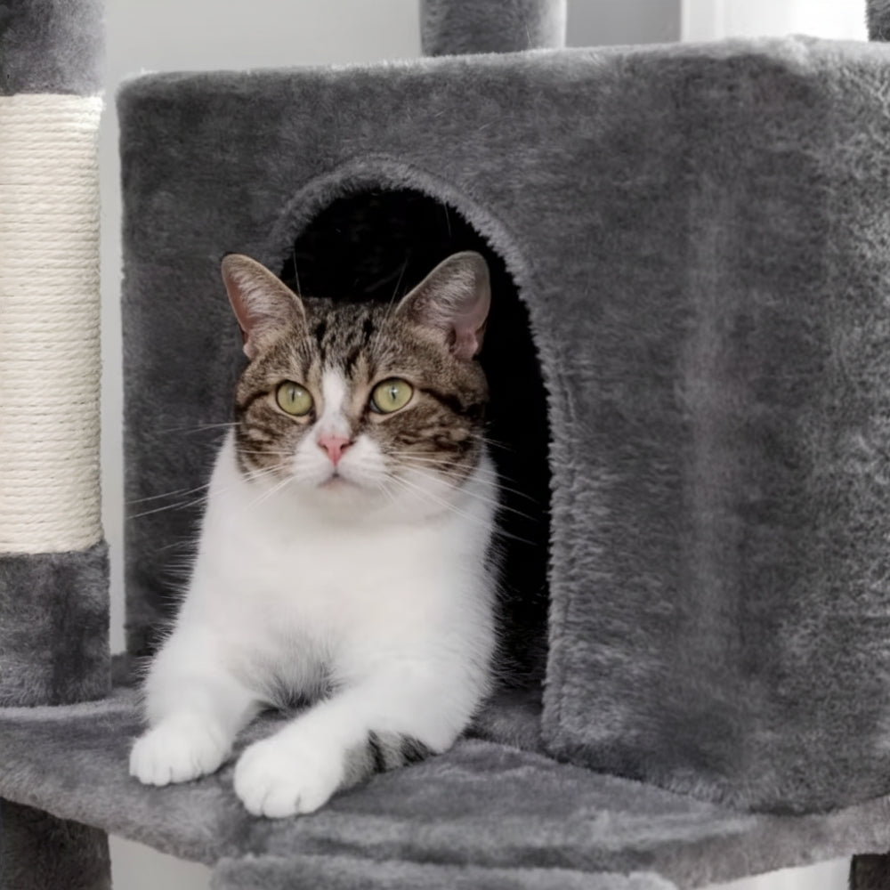 Arbre à Chat Hamac 104cm Bois Foncé | Gris | Perchoir Du Chat