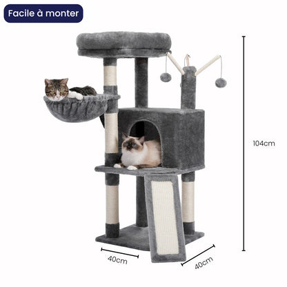 Arbre à Chat Hamac 104cm Bois Foncé | Gris | Perchoir Du Chat