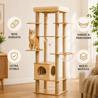 Arbre à Chat avec Hamac et Perchoir - Bois