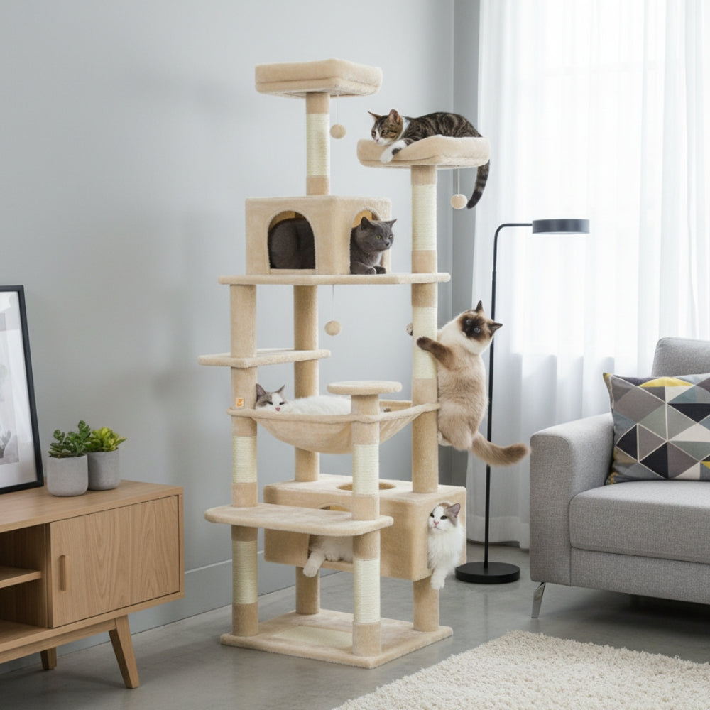 Arbre à Chat Maine Coon 184cm Hamac Bois | Beige | Perchoir Du Chat