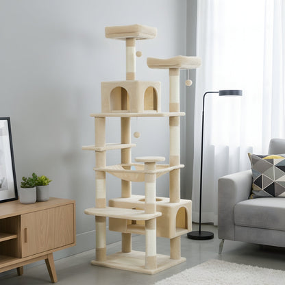Arbre à Chat Maine Coon 184cm Hamac Bois | Beige | Perchoir Du Chat