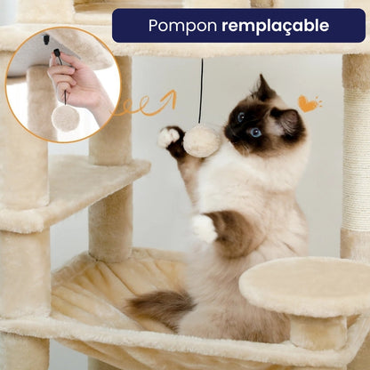 Arbre à Chat Maine Coon 184cm Hamac Bois | Beige | Perchoir Du Chat