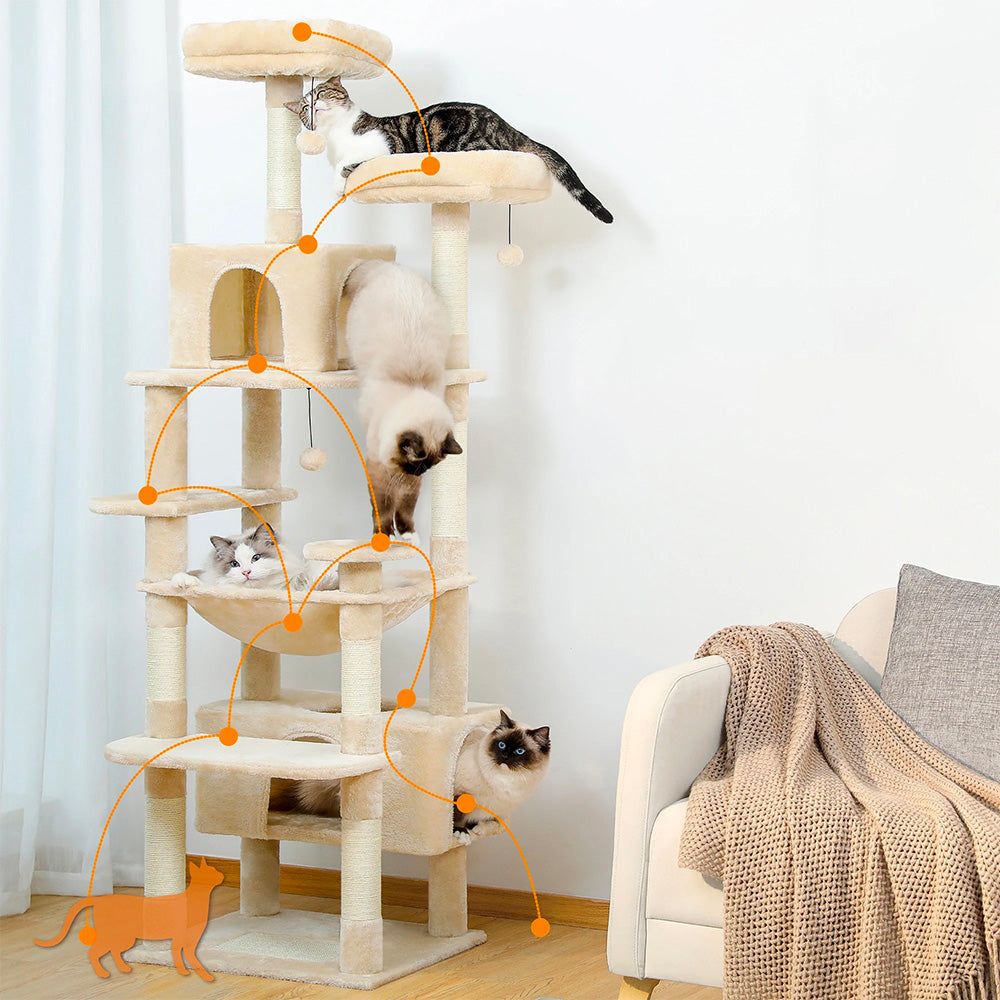 Arbre à Chat Maine Coon 184cm Hamac Bois | Beige | Perchoir Du Chat