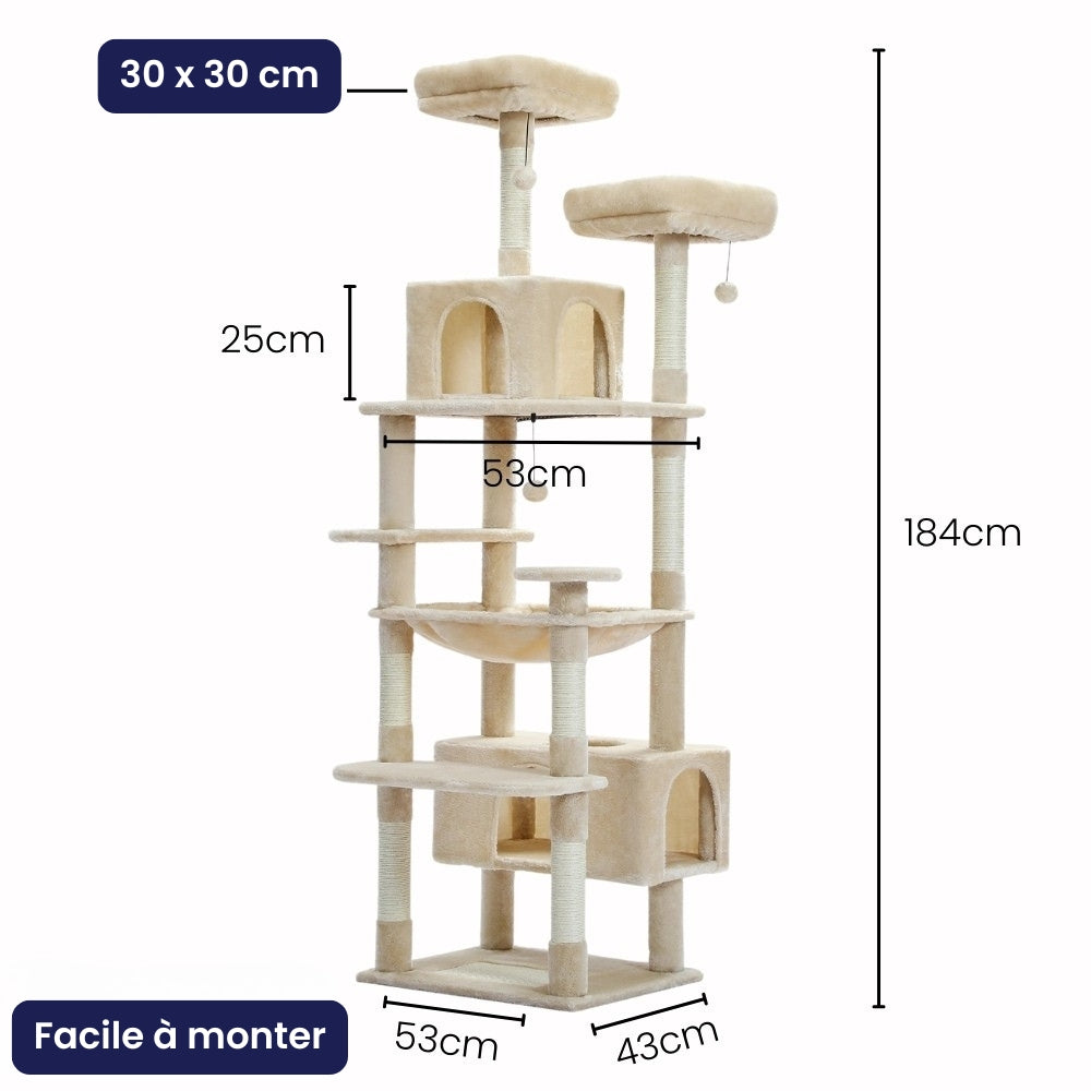 Arbre à Chat Maine Coon 184cm Hamac Bois | Beige | Perchoir Du Chat