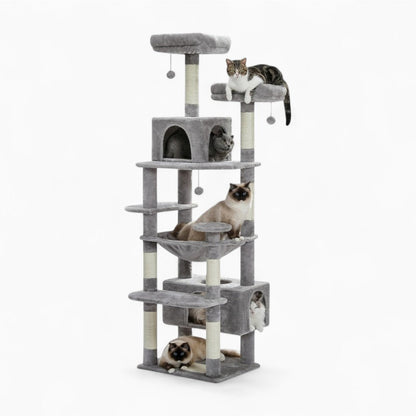 Arbre à Chat Maine Coon 184cm Hamac Bois | Gris | Perchoir Du Chat