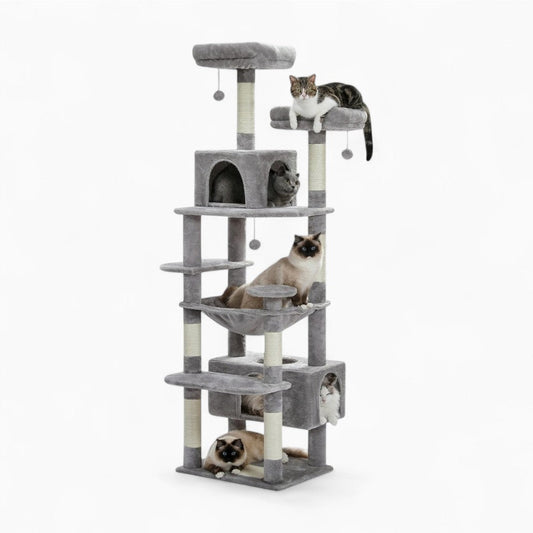 Arbre à Chat Maine Coon 184cm Hamac Bois | Gris | Perchoir Du Chat