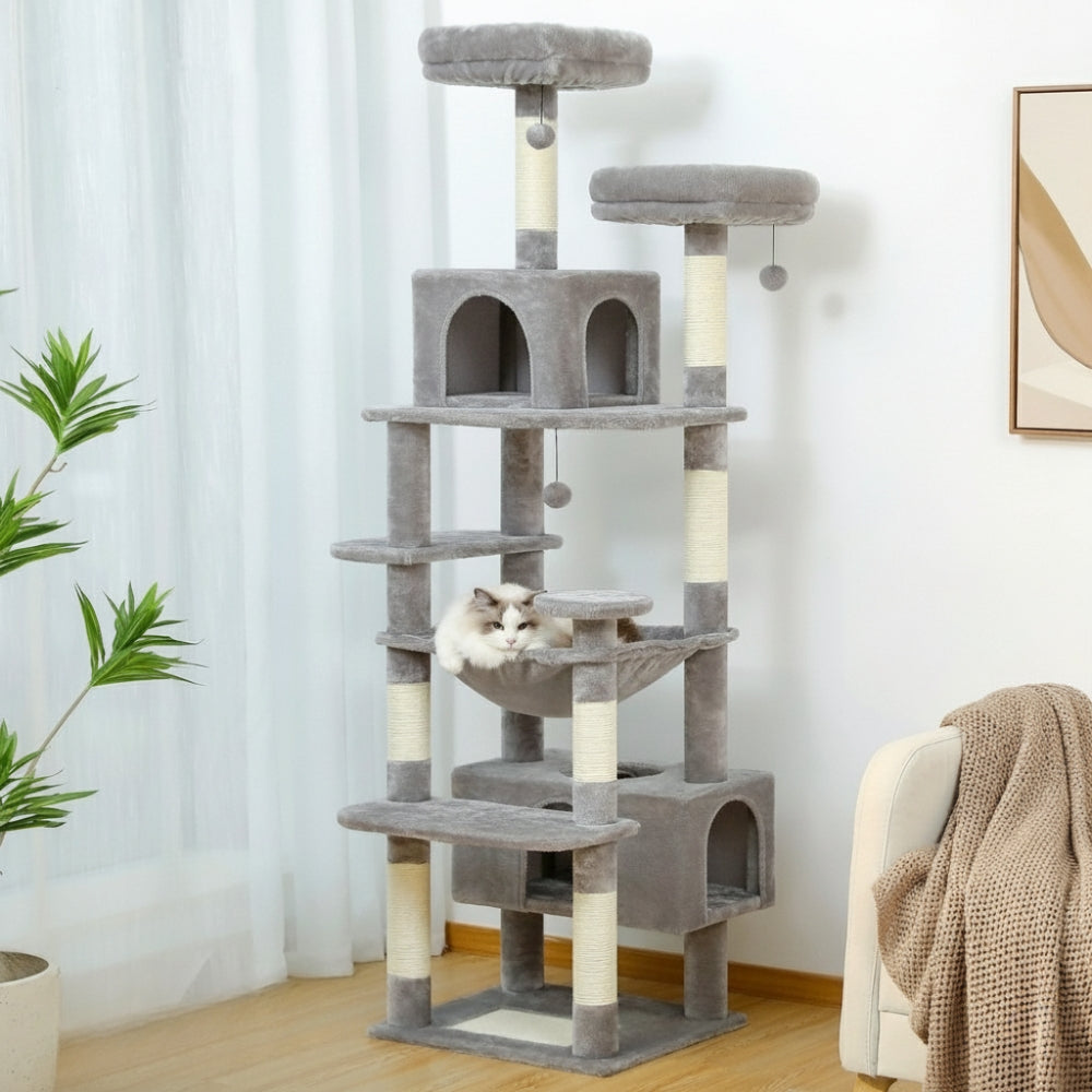 Arbre à Chat Maine Coon 184cm Hamac Bois | Gris | Perchoir Du Chat