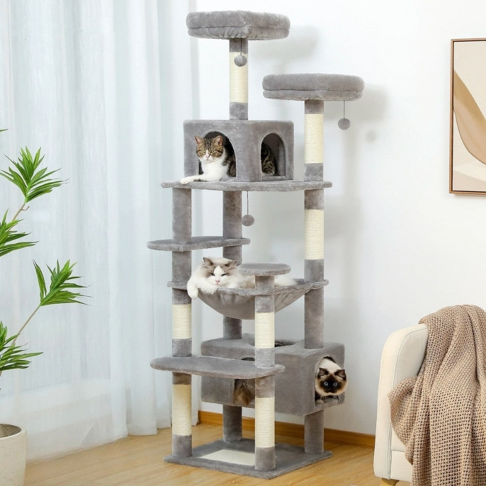 Arbre à Chat Maine Coon 184cm Hamac Bois | Gris | Perchoir Du Chat