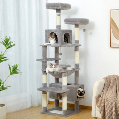 Arbre à Chat Maine Coon 184cm Hamac Bois | Gris | Perchoir Du Chat