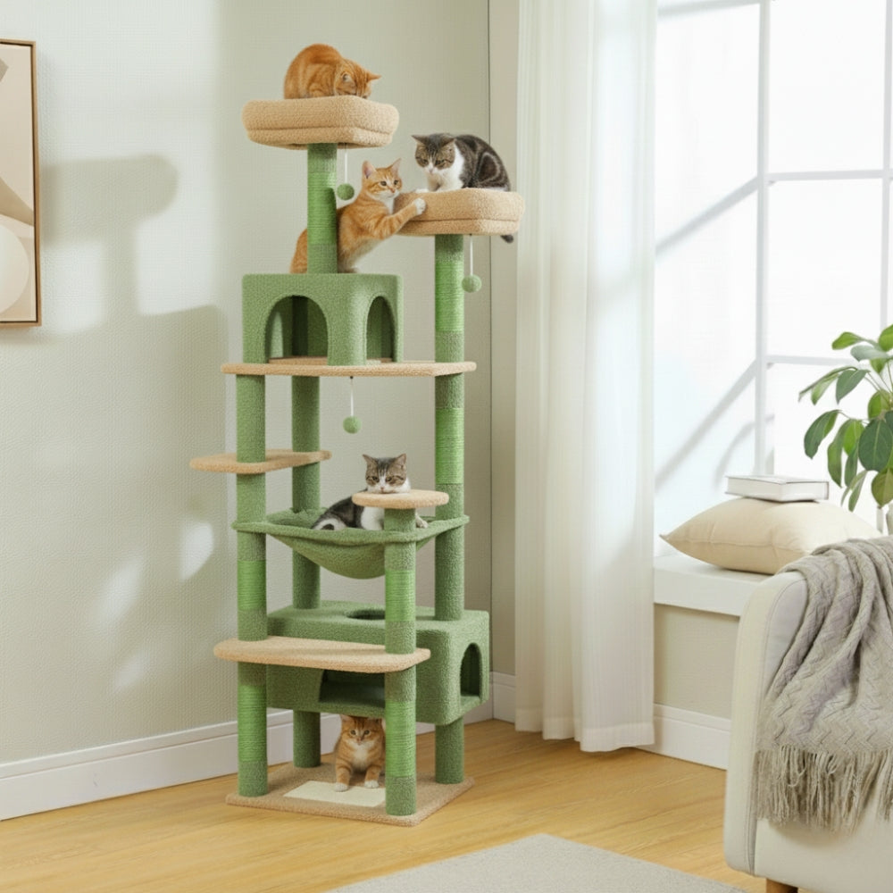 Arbre à Chat Maine Coon 184cm Hamac Bois | Vert | Perchoir Du Chat